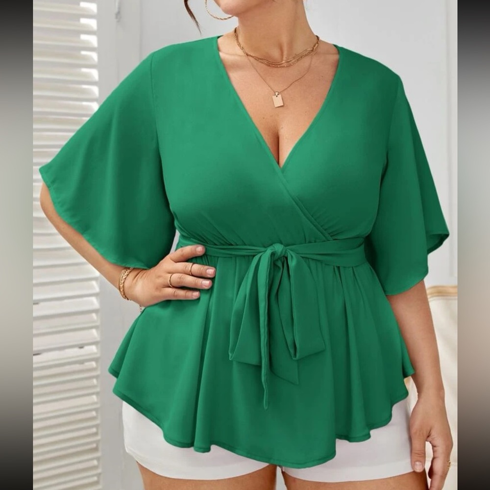 Plus Size Butterfly Peplum Sleeve Belted Top Blouse Shirt Green - Picture 1 of 6